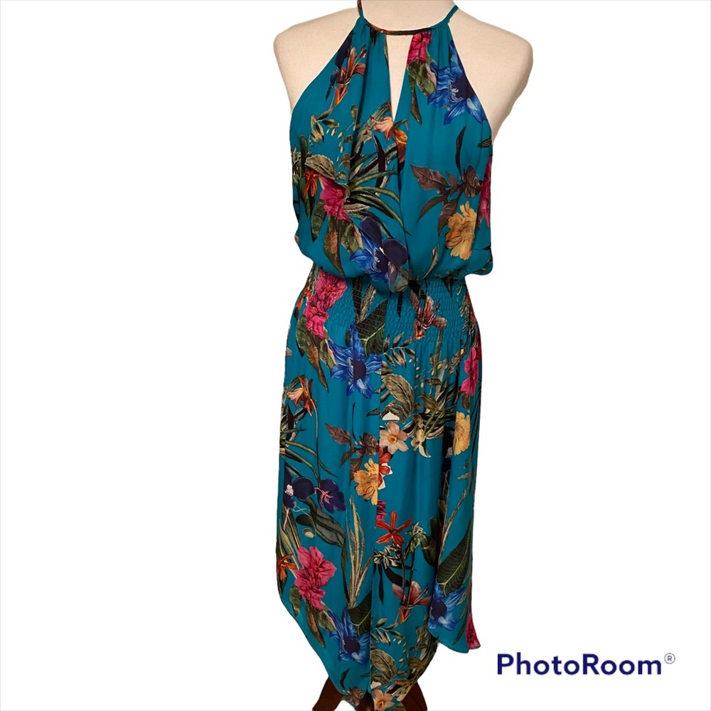 PARKER DRESS MIDI ASYMMETRICAL HEM BLUE FLORAL SLEEVELESS SMOCKED WAIST SIZE S